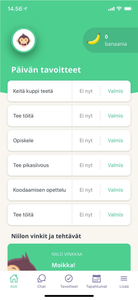 Kuvakaappaus Niilo-sovelluksen aloitusnäkymästä